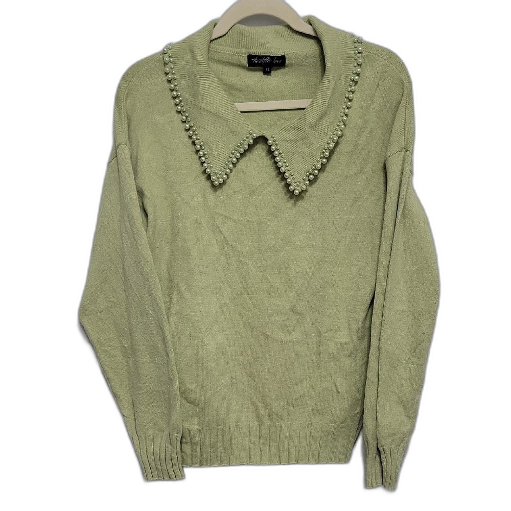 Twelfth Love Beaded Collar Knit Sweater Sage Green Size XL